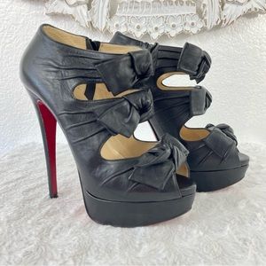 {Christian Louboutin} Madame Butterfly Black Leather Bow Booties, Size 37